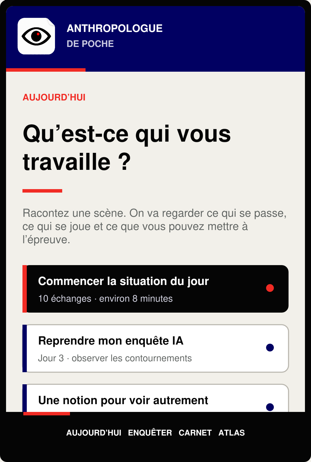 Page d’accueil complète de l’interface L’Anthropologue de poche